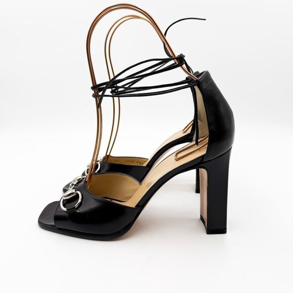 Gucci Horsebit Block Heels Ankle Wrap Sandals Black Leather 7.5 - Picture 4 of 12